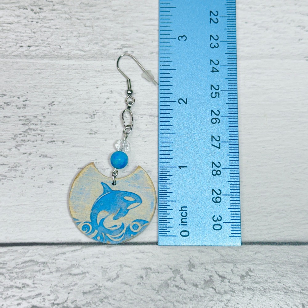 Orca Whale Ocean Wave Dangle Earrings Blue Wood Beach Coastal Handmade - Picture 5 of 7